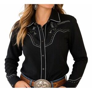 VTG Scully Snap Button Western Shirt Womens Medium Cowgirl Pistol Black Studded